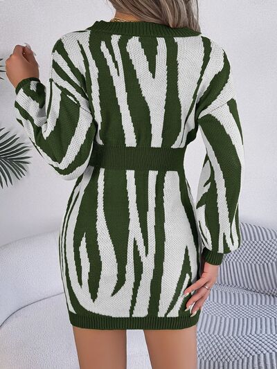 Zebra Knit Sweater Dress Round Neck Playful Animal Print Long Sleeve Mini