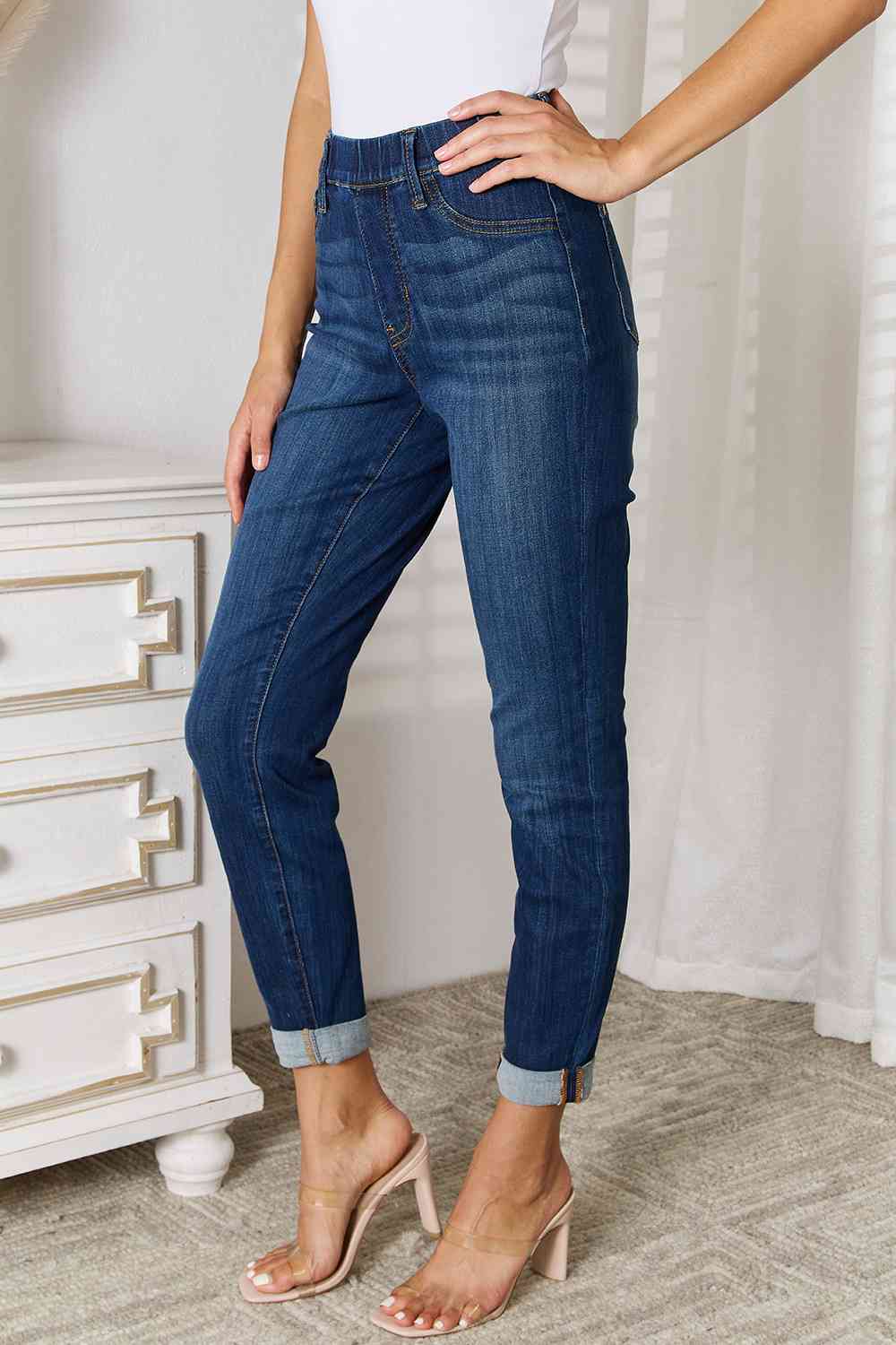 Skinny Ankle Cuffed Pants Cropped Dark Whisker Wash Stretch Denim Judy Blue Jeans