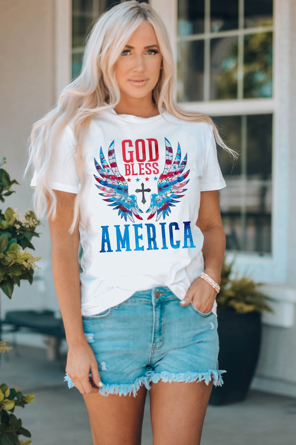 GOD BLESS AMERICA Graphic Top Cuffed Short Sleeve Tee Shirt