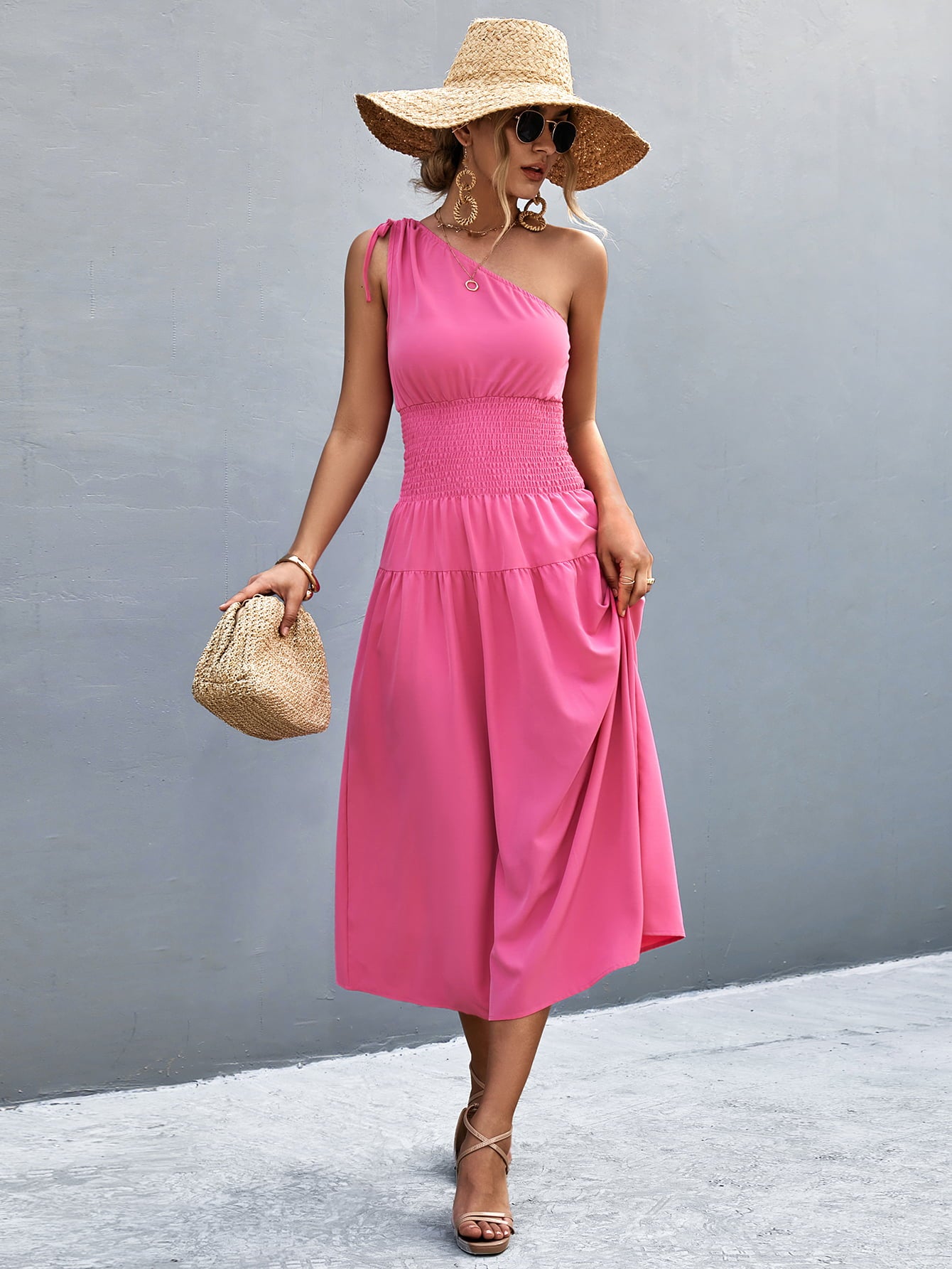 Cinch Tie Asymmetrical One Shoulder Smocked Waist Midi Dress