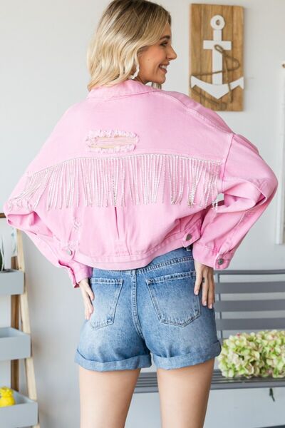 Denim Jacket Chain Cropped Distressed Frayed Denim Holes Button Up Veveret