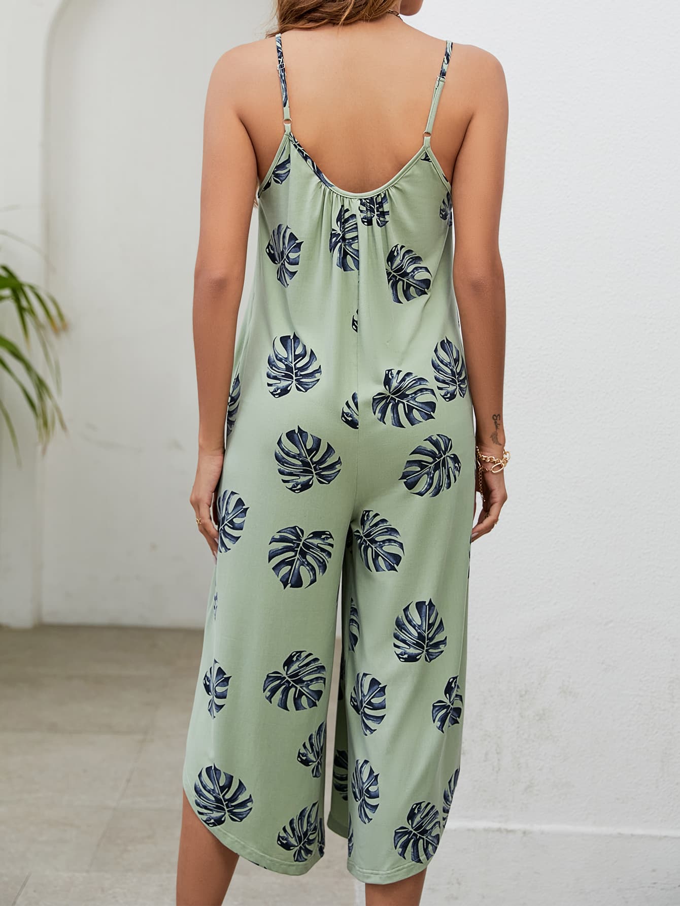 Botanical Palm Sleeveless Bohemian Capri Wide Leg Oversized Pant Pocket Jumpsuit