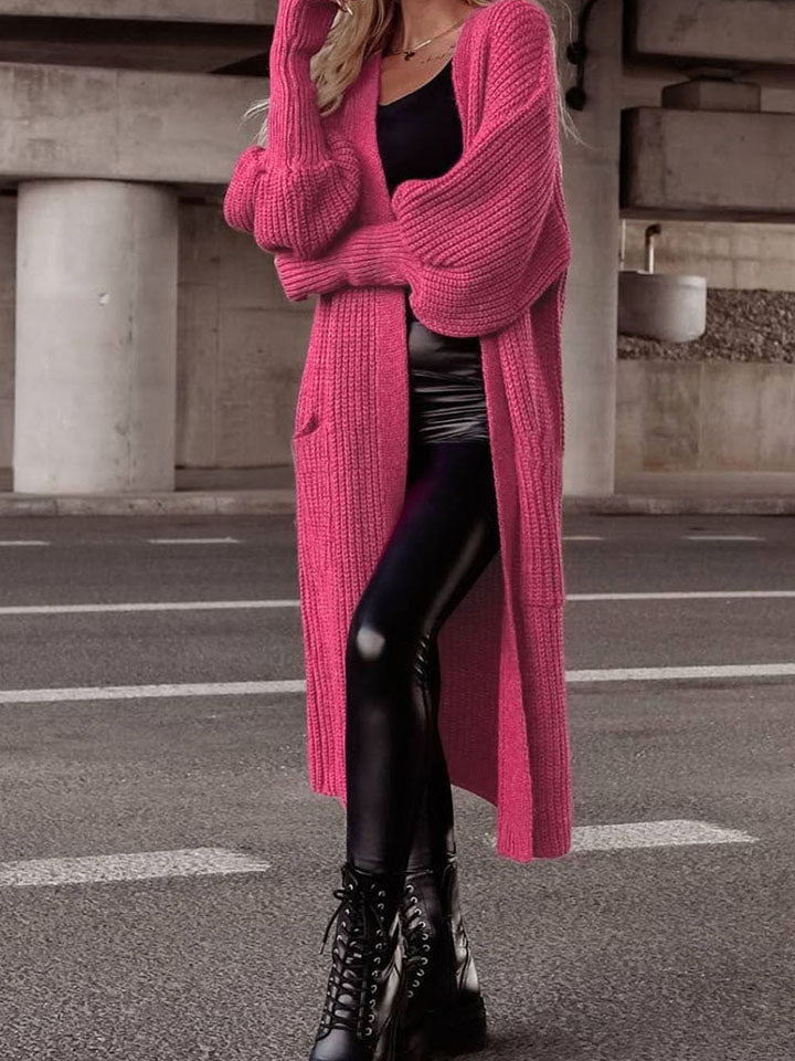 Longline Heavy Waffle Knit Lantern Sleeve Classic Patch Pocket Duster Cardigan