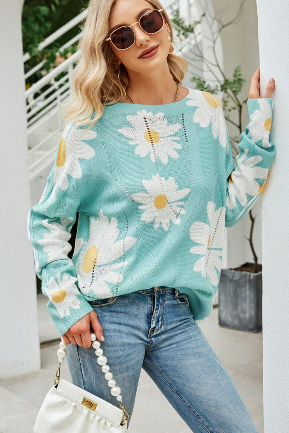 Daisy Knit Print Openwork Detail Lightweight Sweater