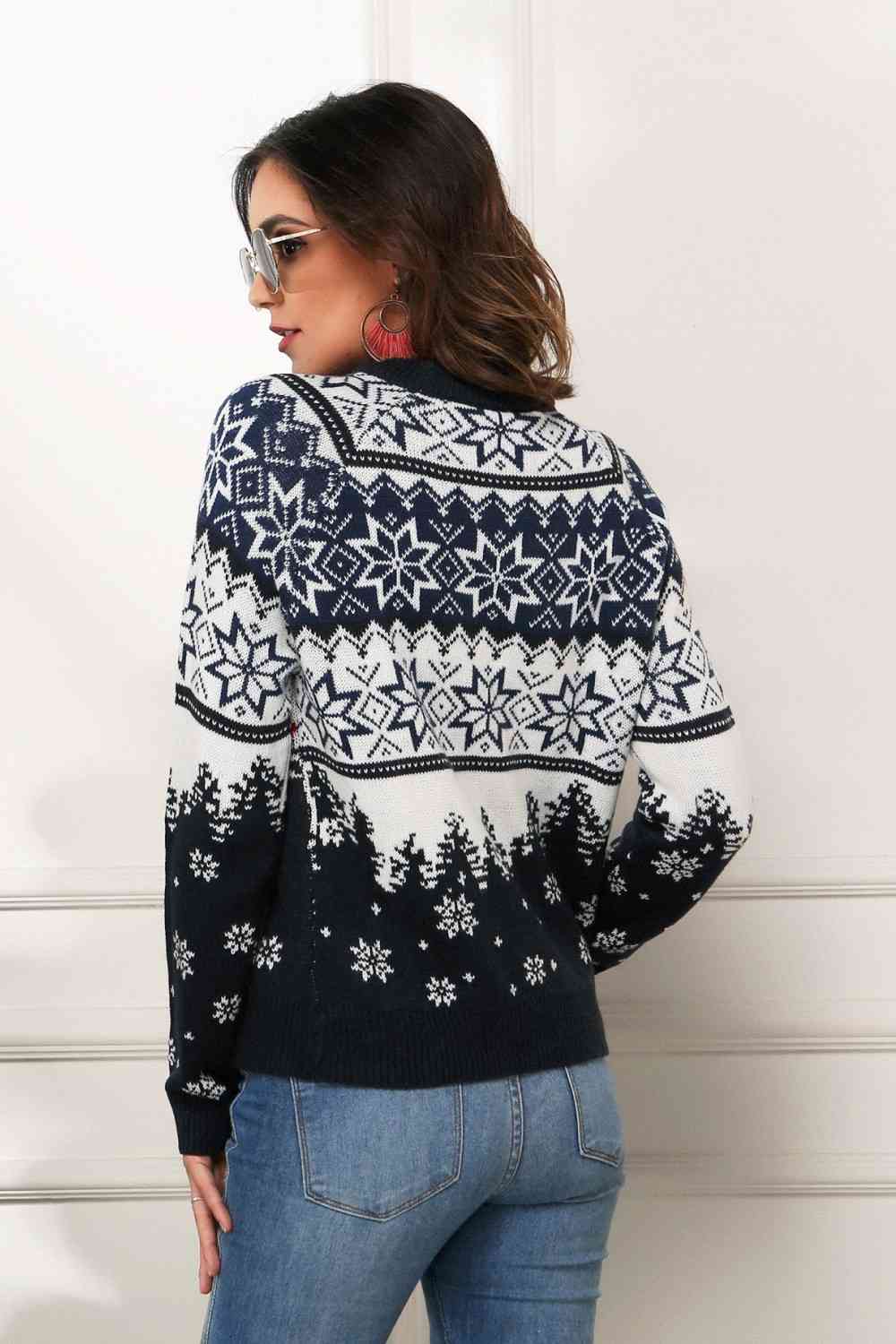 HAPPY Semi Truck Knit Fair Isle Geometric Snowflake Classic Pullover Winter Sweater