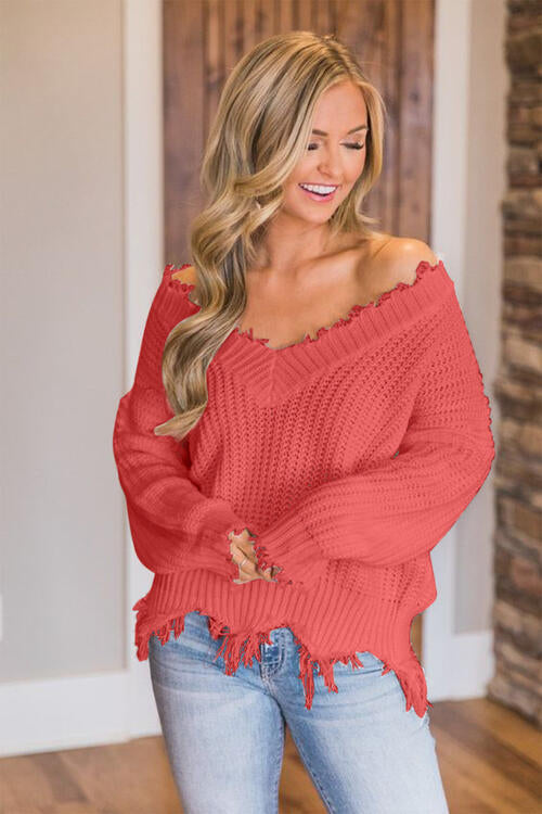 Distressed Raw Hem Off Shoulder Wide Neck Long Sleeve Waffle Knit Sweater Shirt