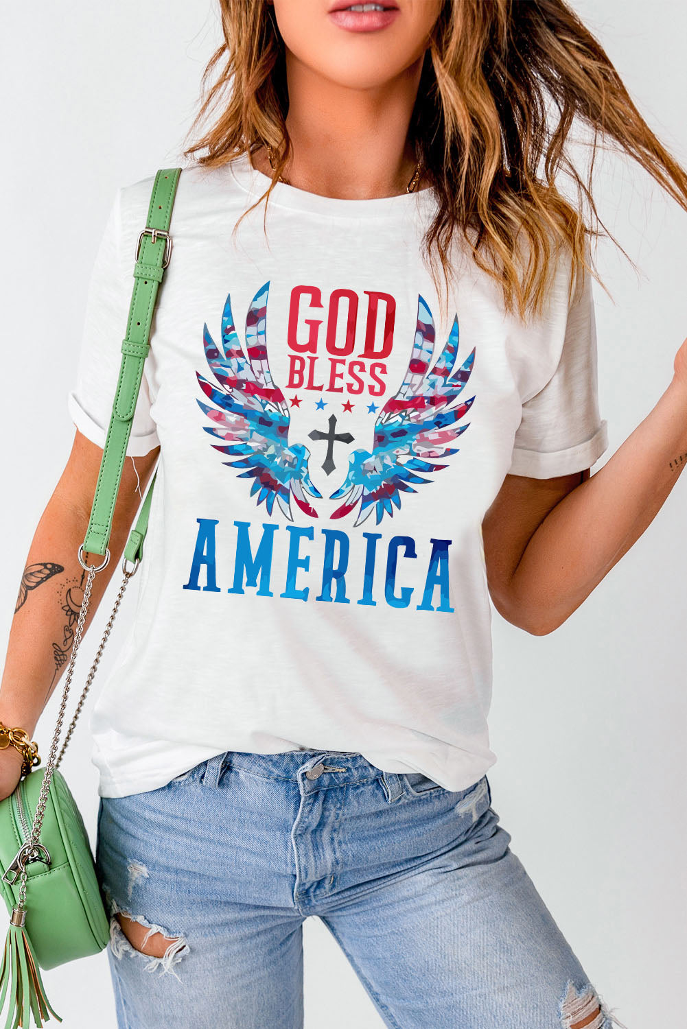 GOD BLESS AMERICA Graphic Top Cuffed Short Sleeve Tee Shirt