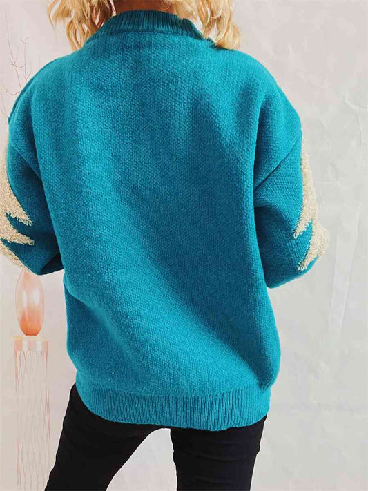 Oversized Sequin Shag Teddy Christmas Tree Reindeer Knit Long Sleeve Sweater Top