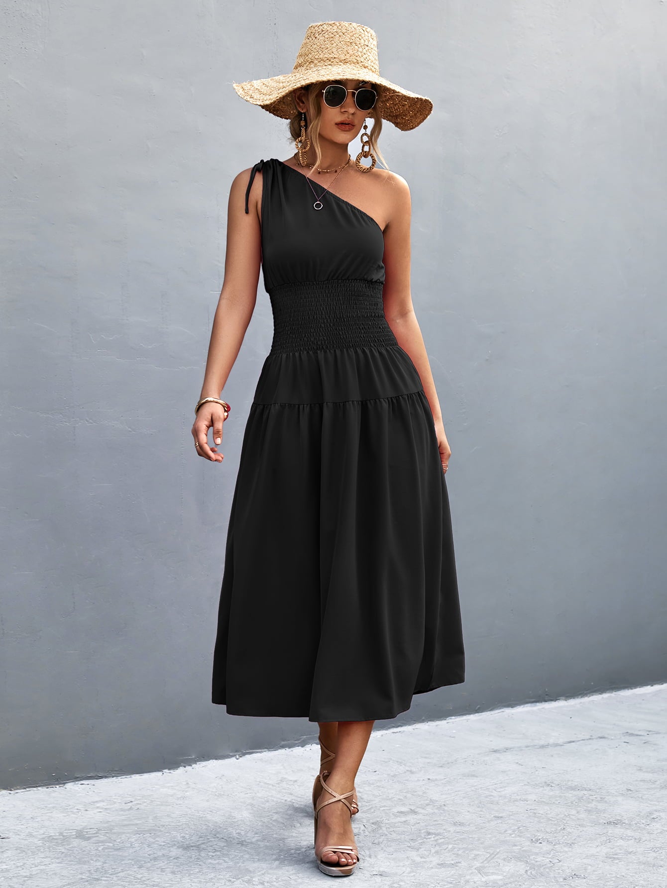 Cinch Tie Asymmetrical One Shoulder Smocked Waist Midi Dress