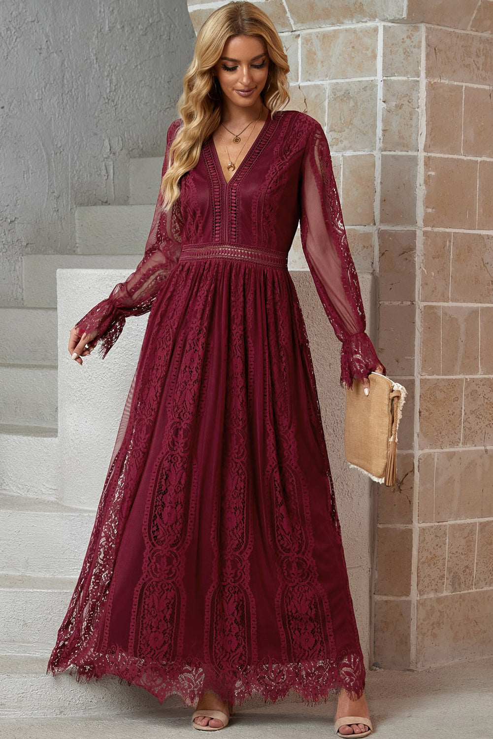 Elegant LACE V-Neck Long-sleeve Maxi Dress (Plus Size Available)