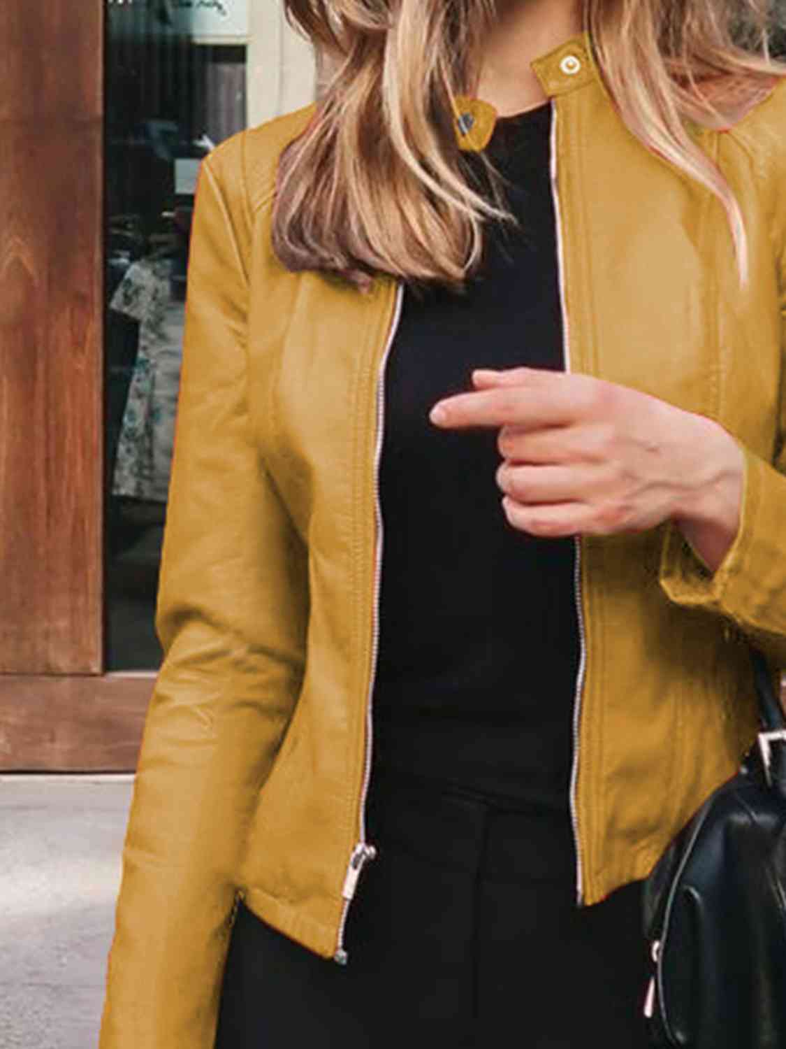 Chic Moto Vegan Leather Jacket Zip-up Sleek Snap Mock Neck