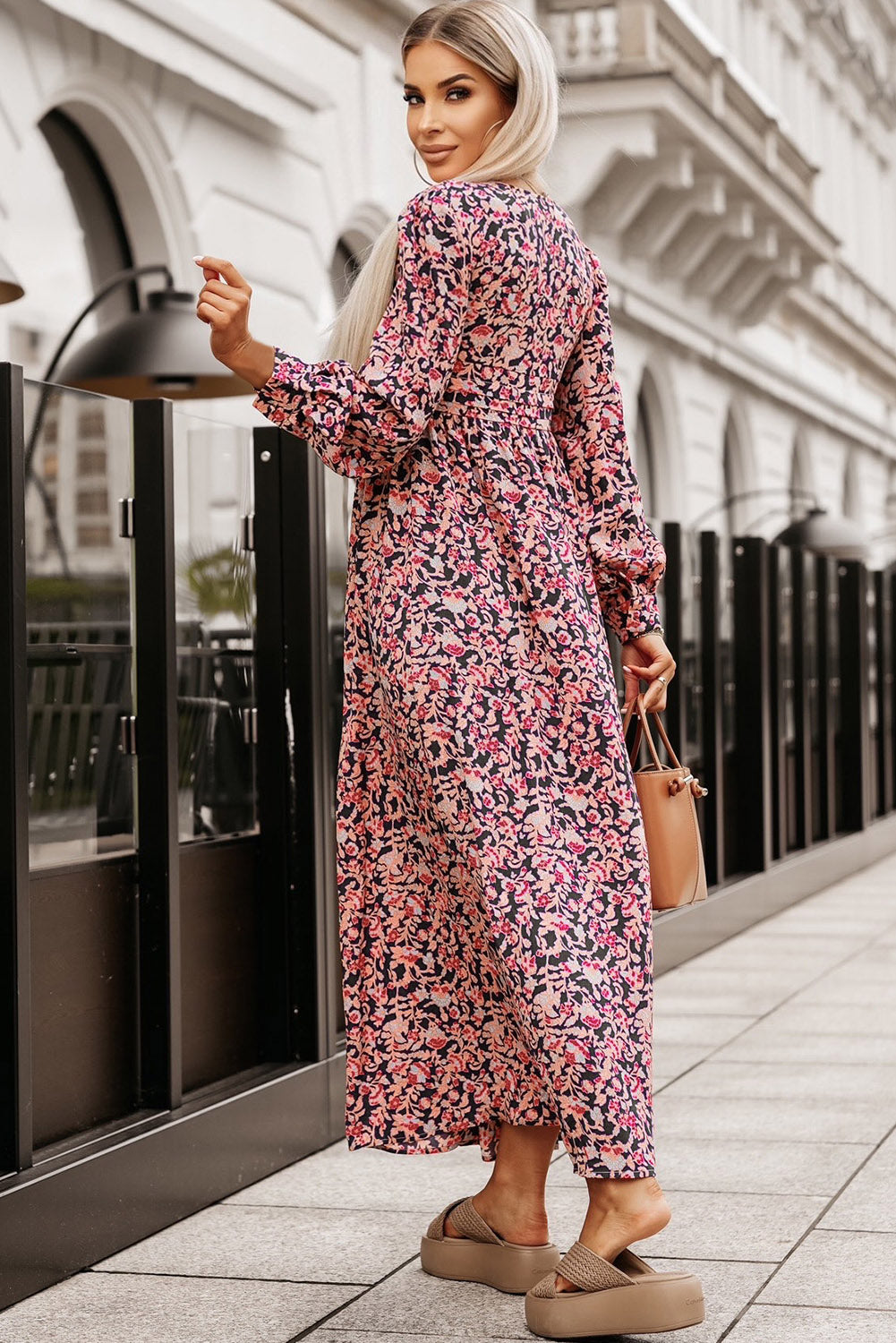 Abstract Pink Floral V-Neck Buttoned Chest Long Sleeve Maxi Dress