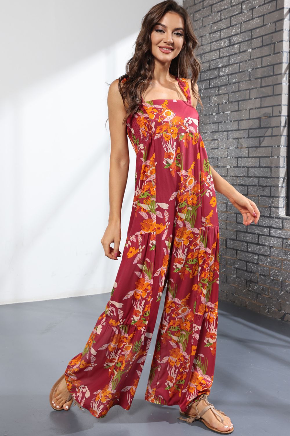 Floral Smock Side Jumpsuit Tiered Oversized Wide Leg One-piece Pant Outfit