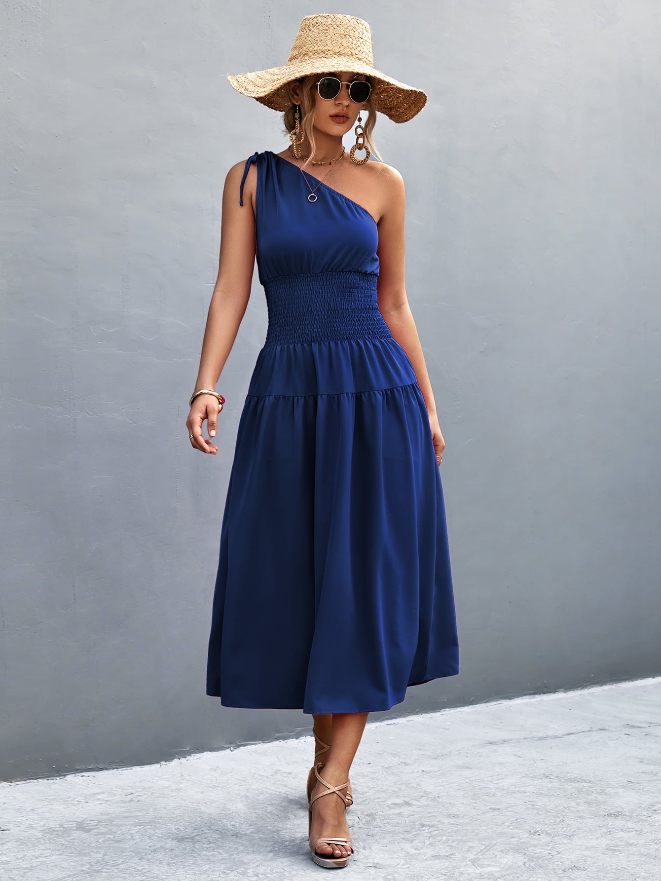 Cinch Tie Asymmetrical One Shoulder Smocked Waist Midi Dress