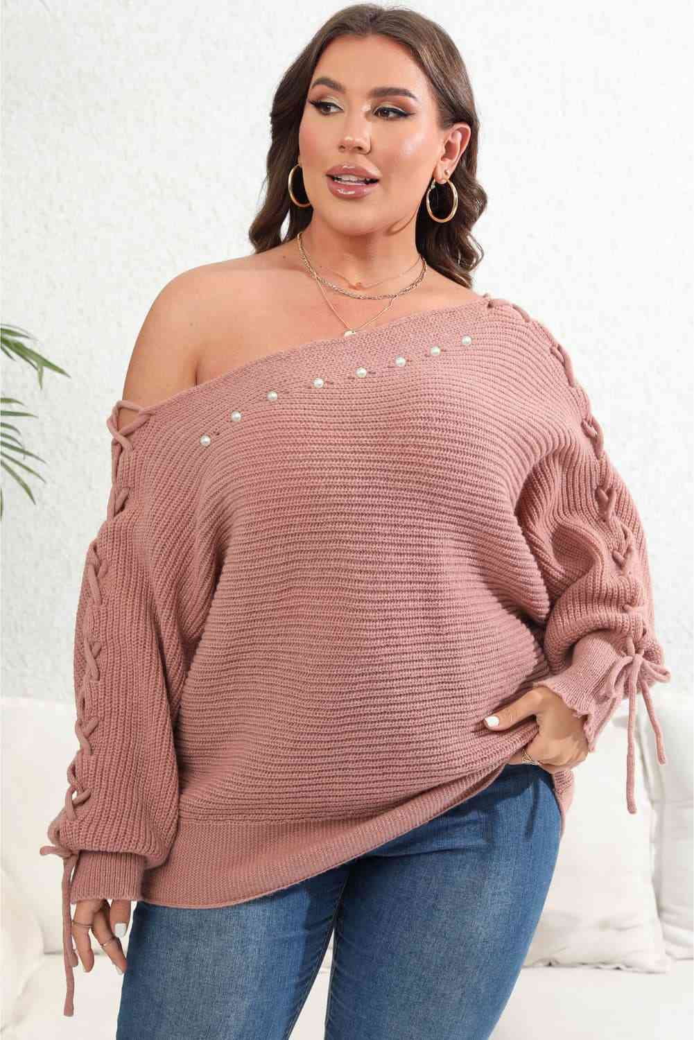 Beaded Pearl Lace Up Sleeve Off Shoulder Asymmetrical Boat Neck Sweater Plus Size Only