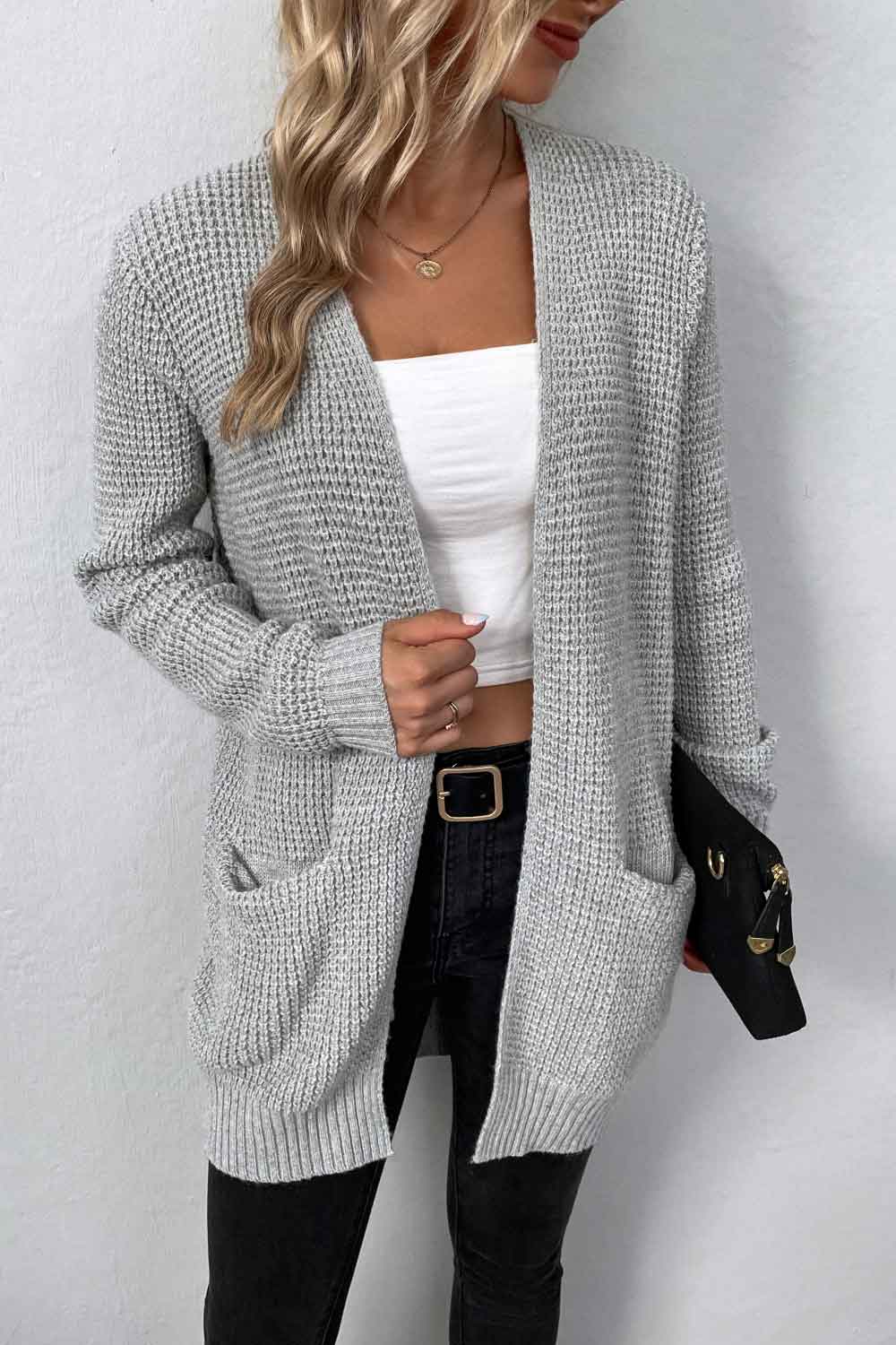 Waffle Knit Longline Open Front Sweater Pocket Cardigan