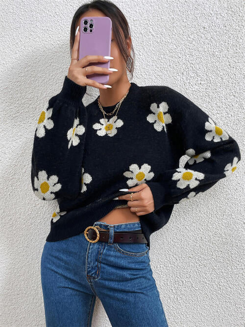 Daisy Retro Flower Knit Pullover Classic Long Lantern Sleeve Sweater Shirt