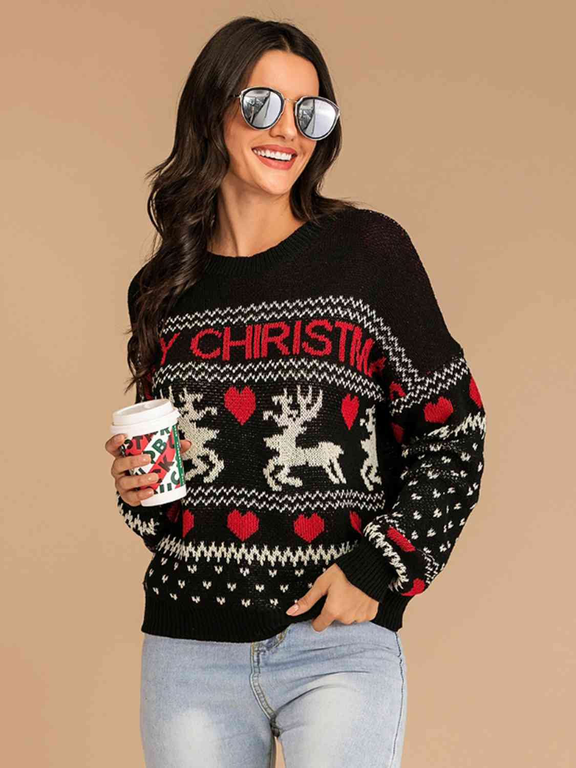 Reindeer Heart Knit Round Neck Holiday Long Sleeve Fair Isle Christmas Sweater