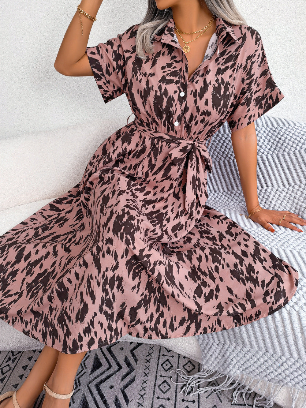 Brush Stroke Print Collared Short Sleeve Waist Tie Belt Midi Dress