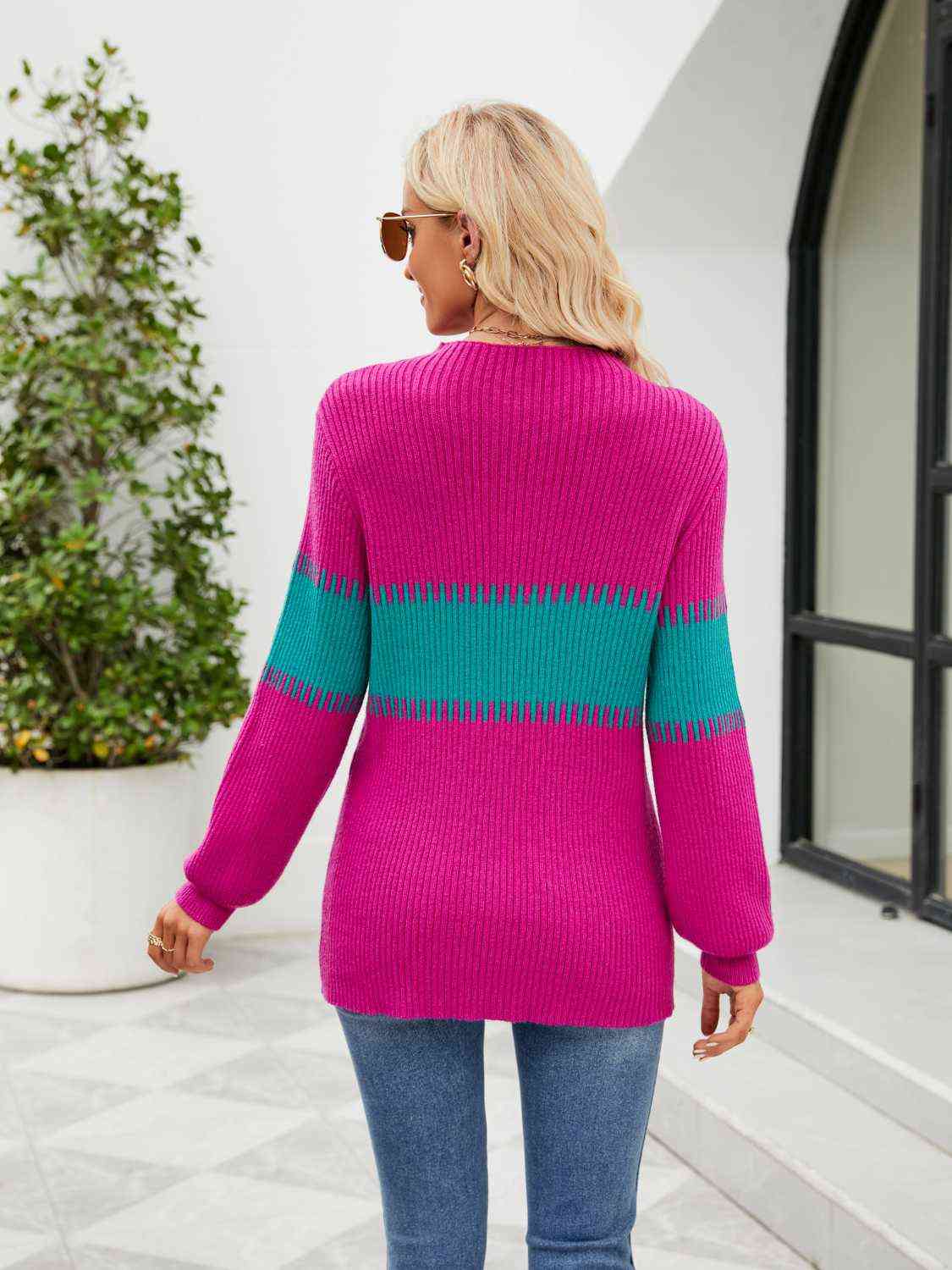 Contrasting Color Block Ribbed Knit Long Sleeve Patchwork Minimalist Sweater