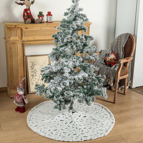 Feather Print Christmas Tree Skirt White Metallic Gold or Silver 47.4"