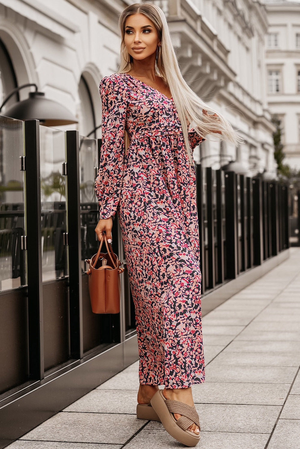 Abstract Pink Floral V-Neck Buttoned Chest Long Sleeve Maxi Dress