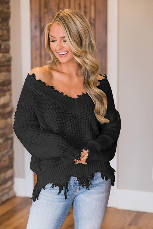 Distressed Raw Hem Off Shoulder Wide Neck Long Sleeve Waffle Knit Sweater Shirt