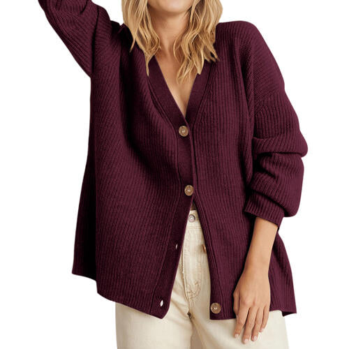 Ribbed Knit Oversized Button Front Classic Long Sleeve Button Front Cardigan