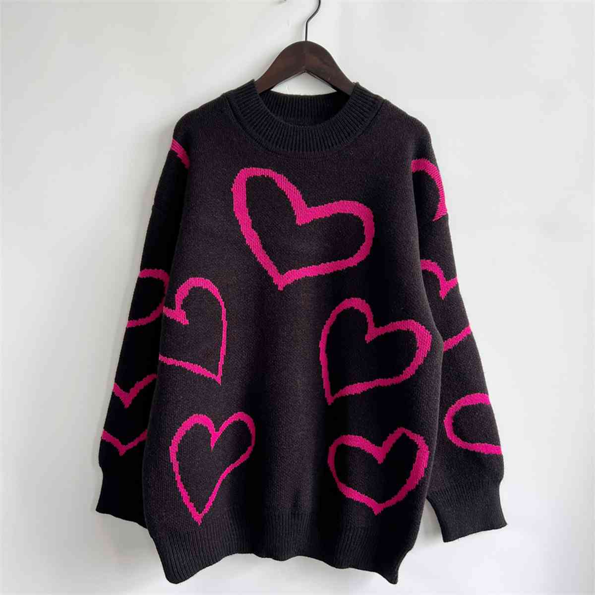Knit Heart Color Contrasting Classic Long Sleeve Round Neck Pullover Sweater Top