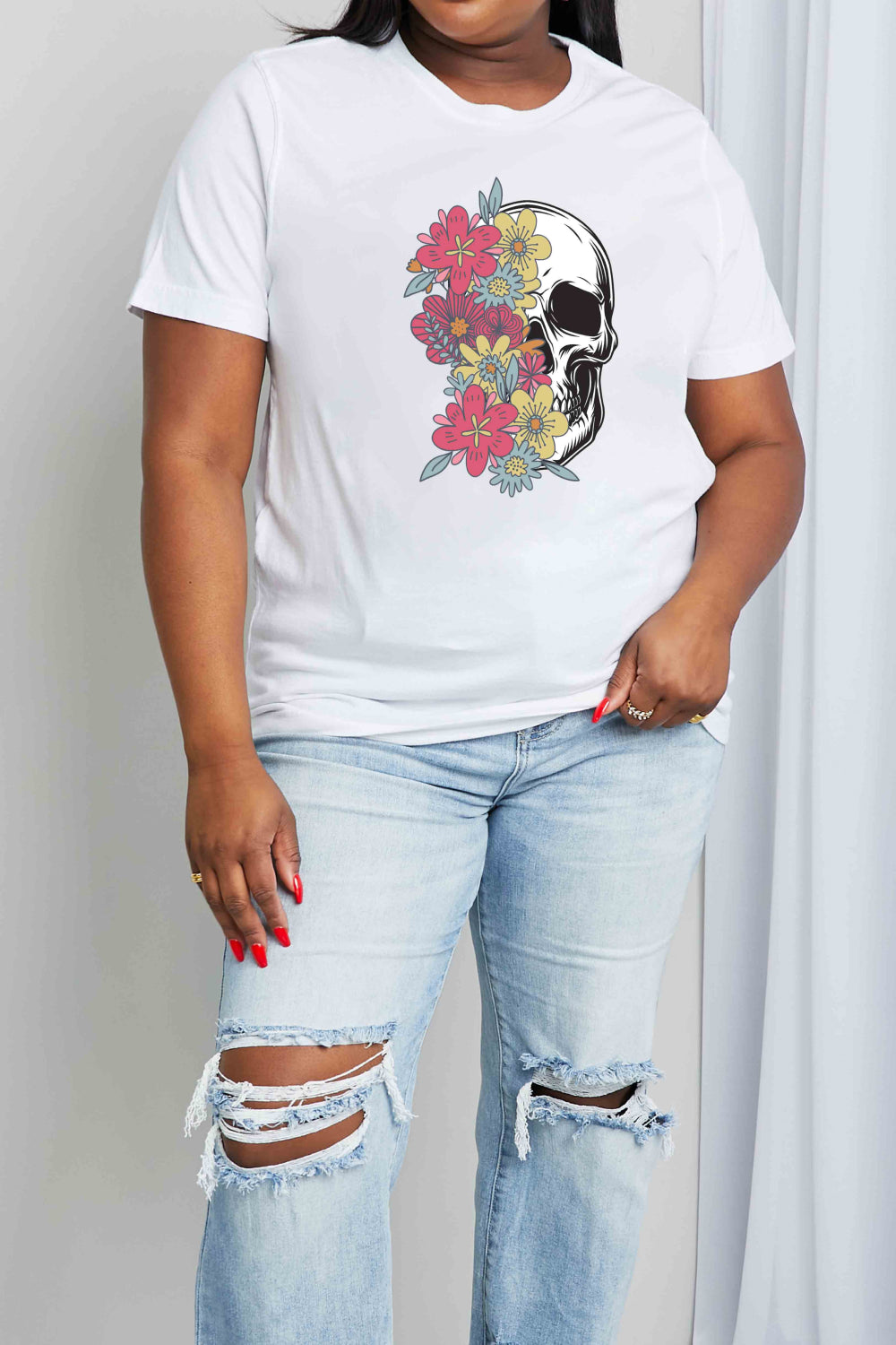Colorful Floral Skull Graphic 100% Cotton Short Sleeve Tee Shirt (Plus Size Available)