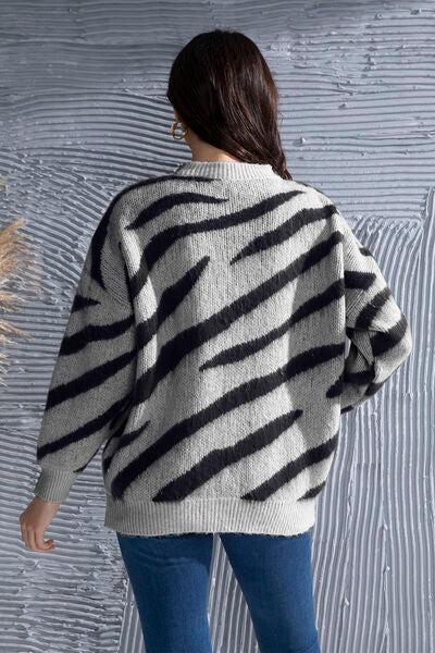 Zebra Stripe Animal Print Long Sleeve Round Neck Oversized Sweater Shirt