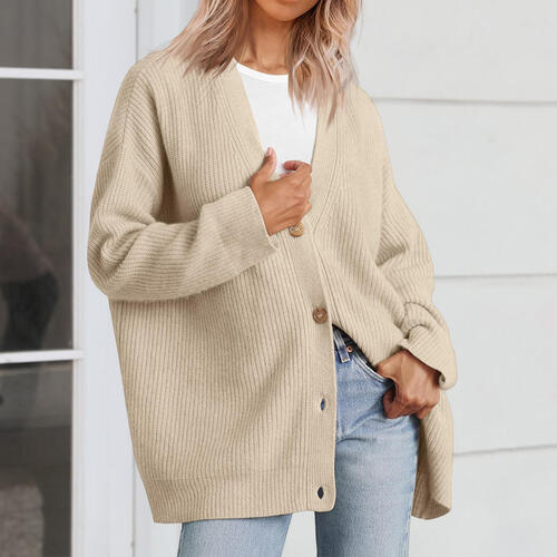 Ribbed Knit Oversized Button Front Classic Long Sleeve Button Front Cardigan