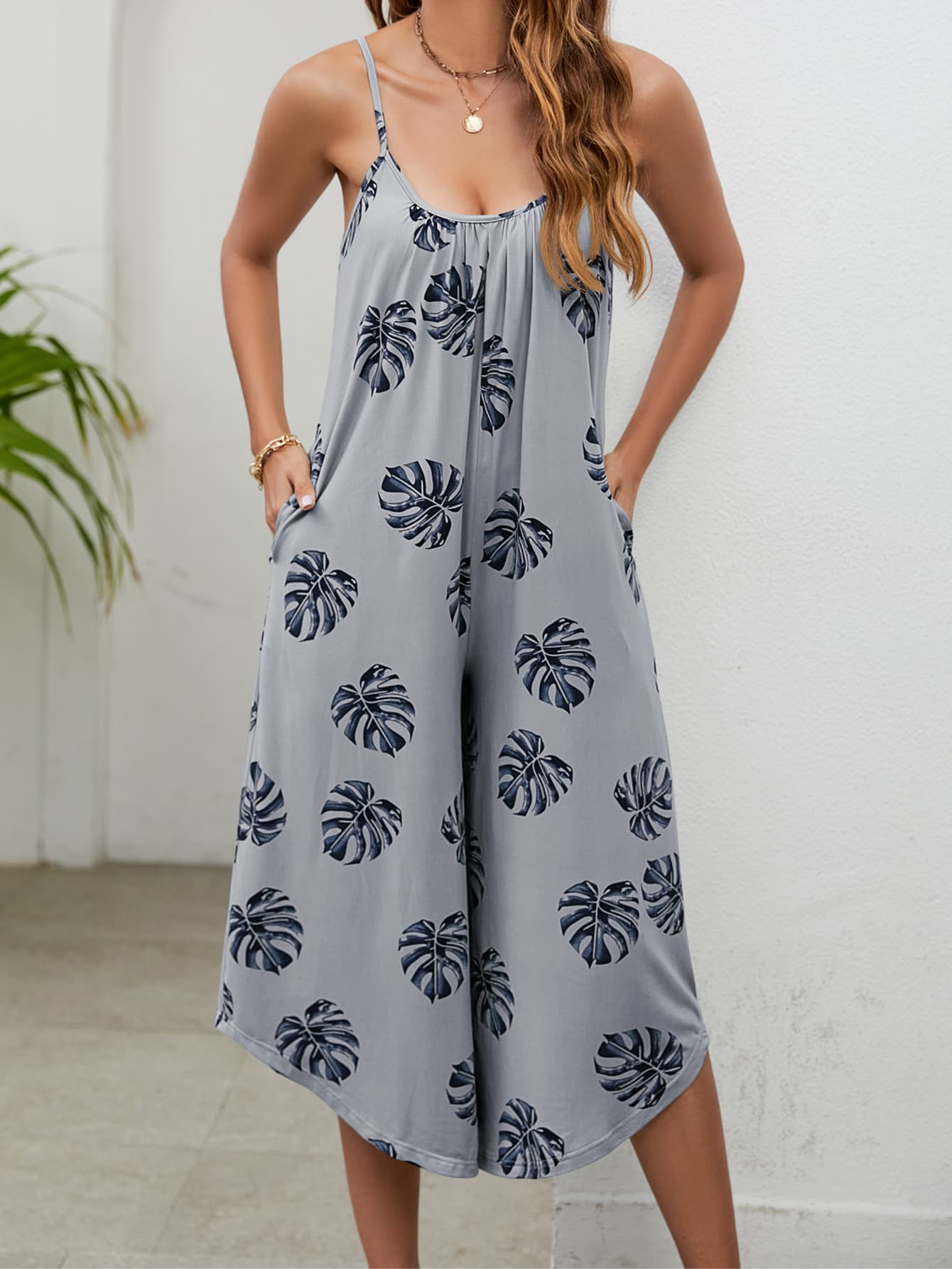 Botanical Palm Sleeveless Bohemian Capri Wide Leg Oversized Pant Pocket Jumpsuit