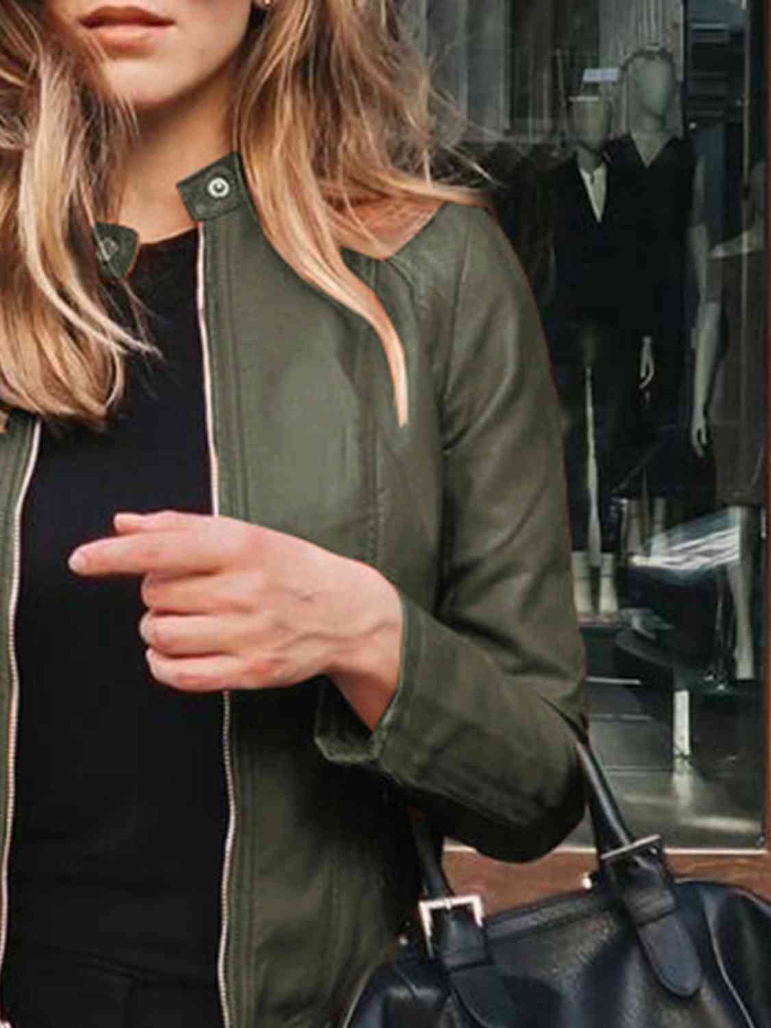 Chic Moto Vegan Leather Jacket Zip-up Sleek Snap Mock Neck
