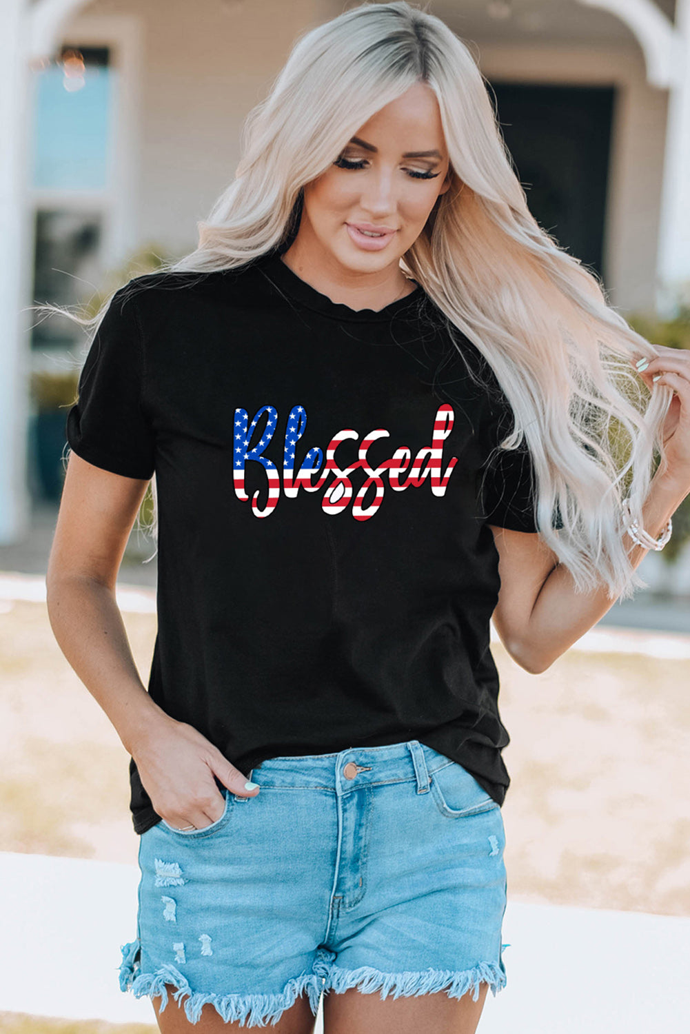 American BLESSED USA Flag Top Round Neck Shortsleeve Tee Shirt