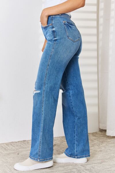 High Rise Tummy Control Distressed Straight Leg Denim Jean Pants Judy Blue