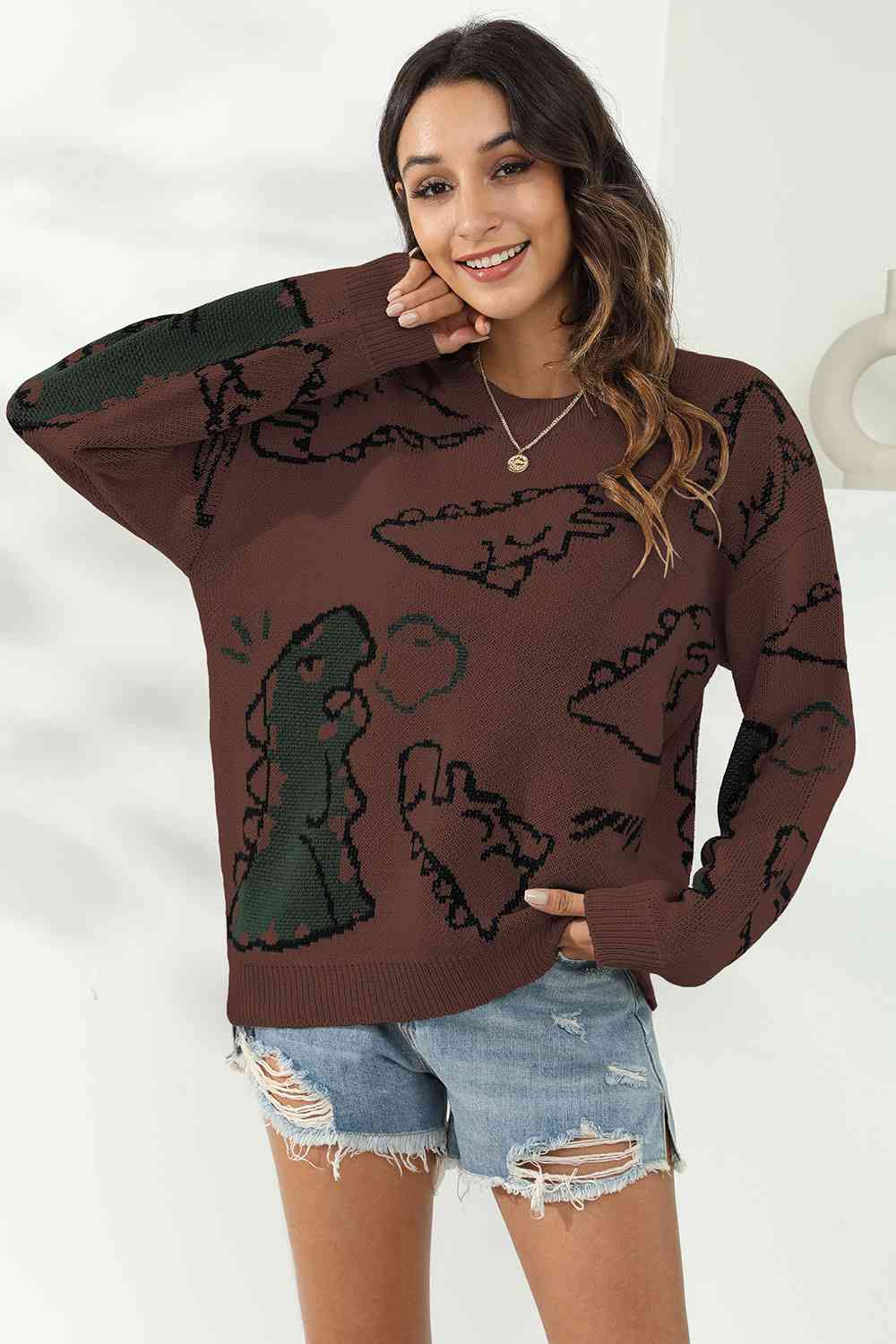Knit Dinosaur Print Round Neck Long Sleeve Oversized Fun Pullover Sweater