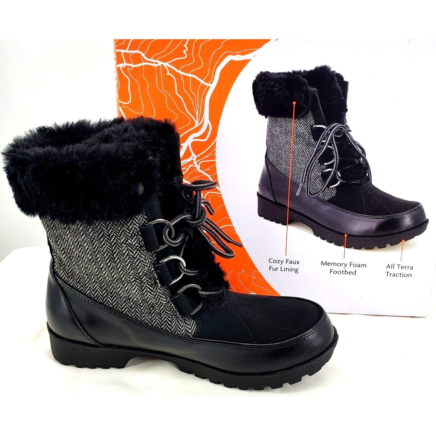 JBU Boots Woman's Faux Fur Herringbone Weather Ready Southgate Chunky Lug Shoes