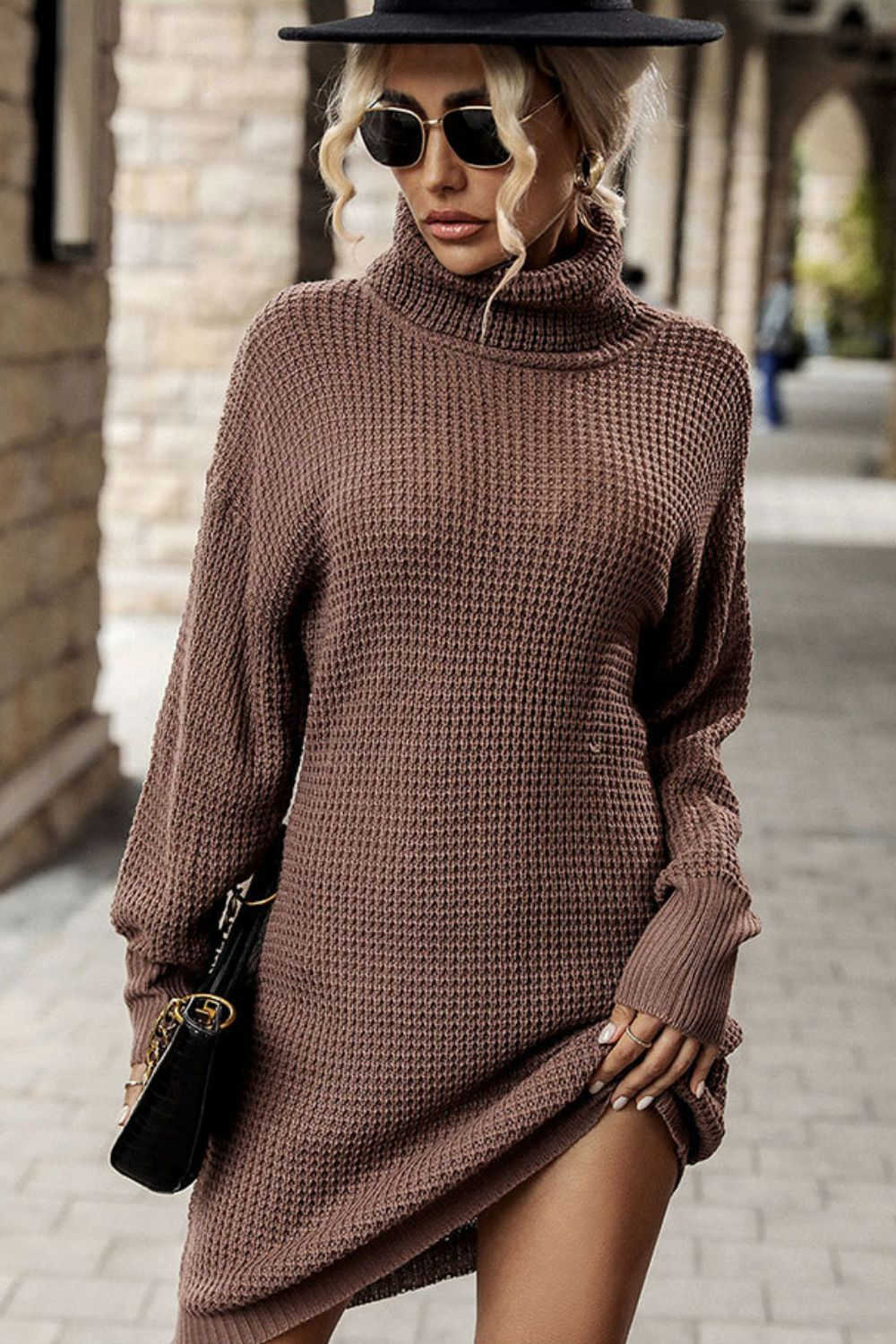 Turtleneck Long-sleeve Mini Sweater Dress