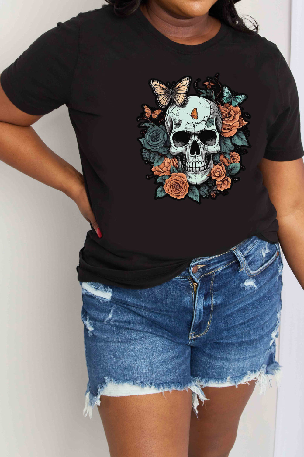 Rose Skull Butterfly Tattoo Graphic 100% Cotton T-Shirt (Plus Size Available)