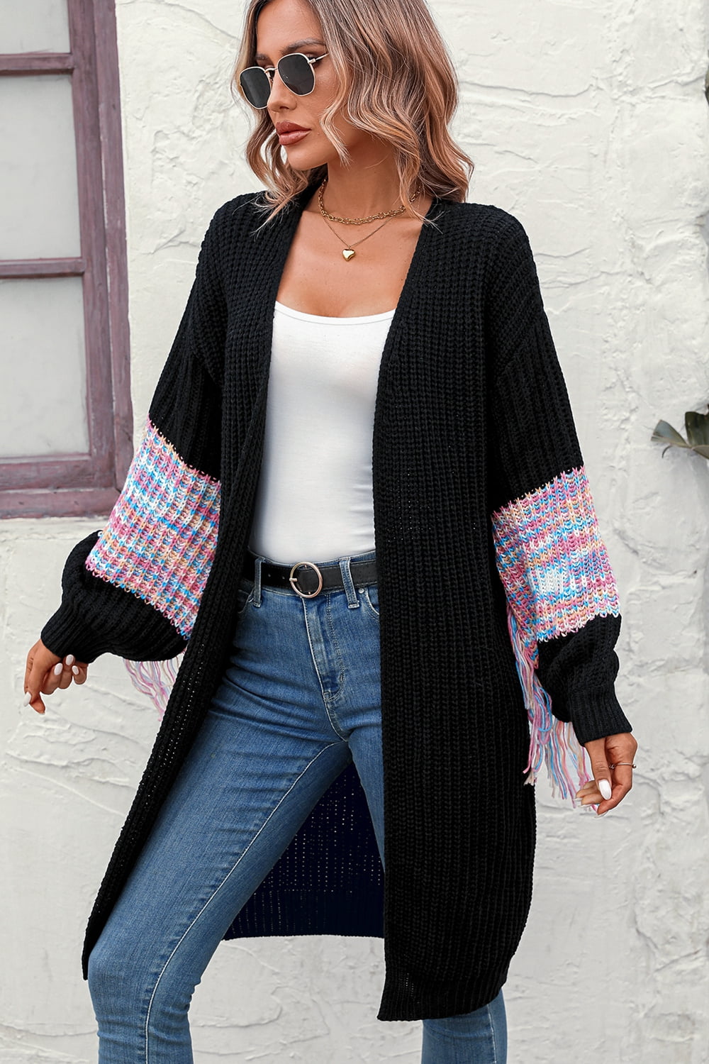 Fringe Sleeve Retro Waffle Knit Longline Cardigan Colorful Open Front Sweater Duster