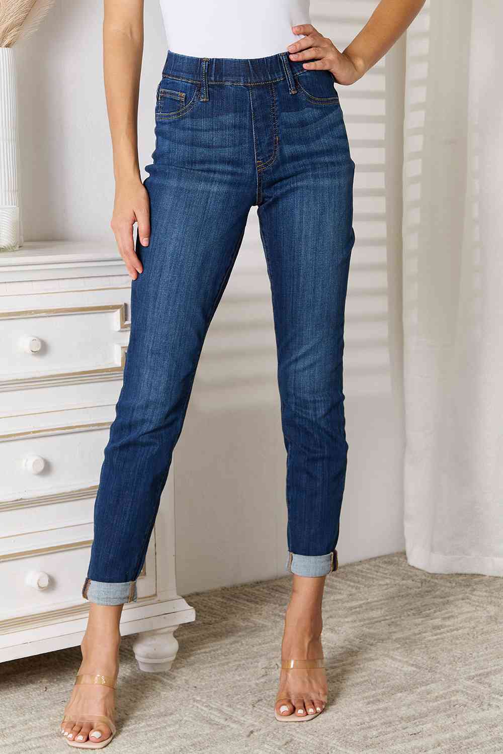 Skinny Ankle Cuffed Pants Cropped Dark Whisker Wash Stretch Denim Judy Blue Jeans