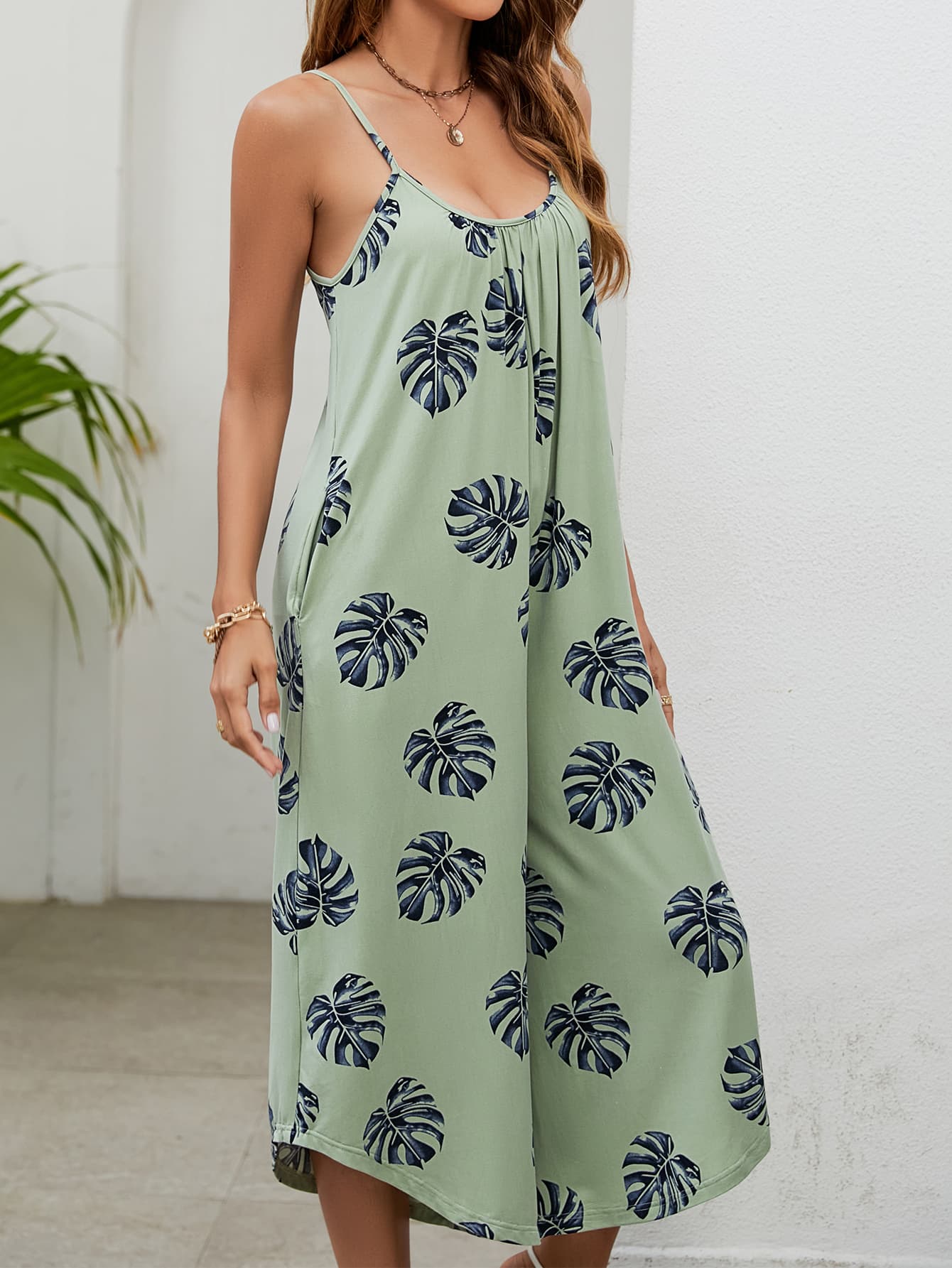 Botanical Palm Sleeveless Bohemian Capri Wide Leg Oversized Pant Pocket Jumpsuit