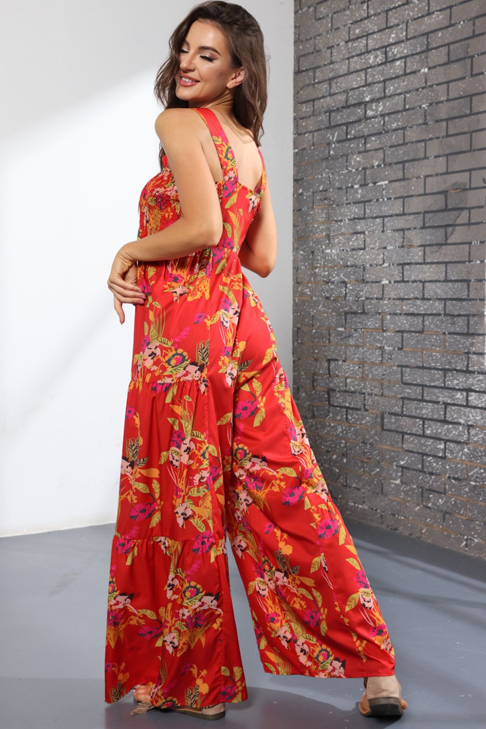 Floral Smock Side Jumpsuit Tiered Oversized Wide Leg One-piece Pant Outfit