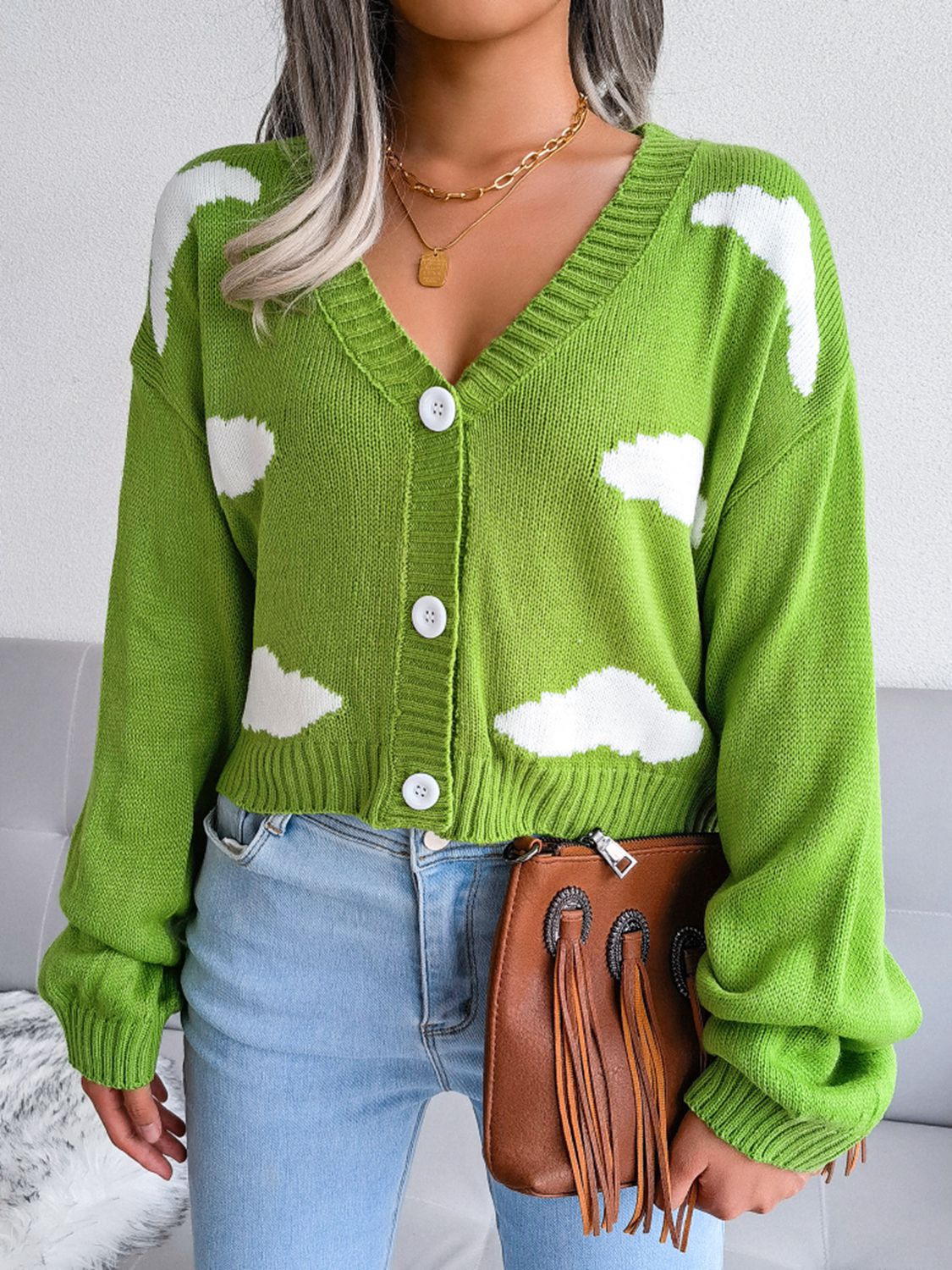 Cloud Print Cropped Classic Knit Button Front Retro Long Sleeve Cardigan