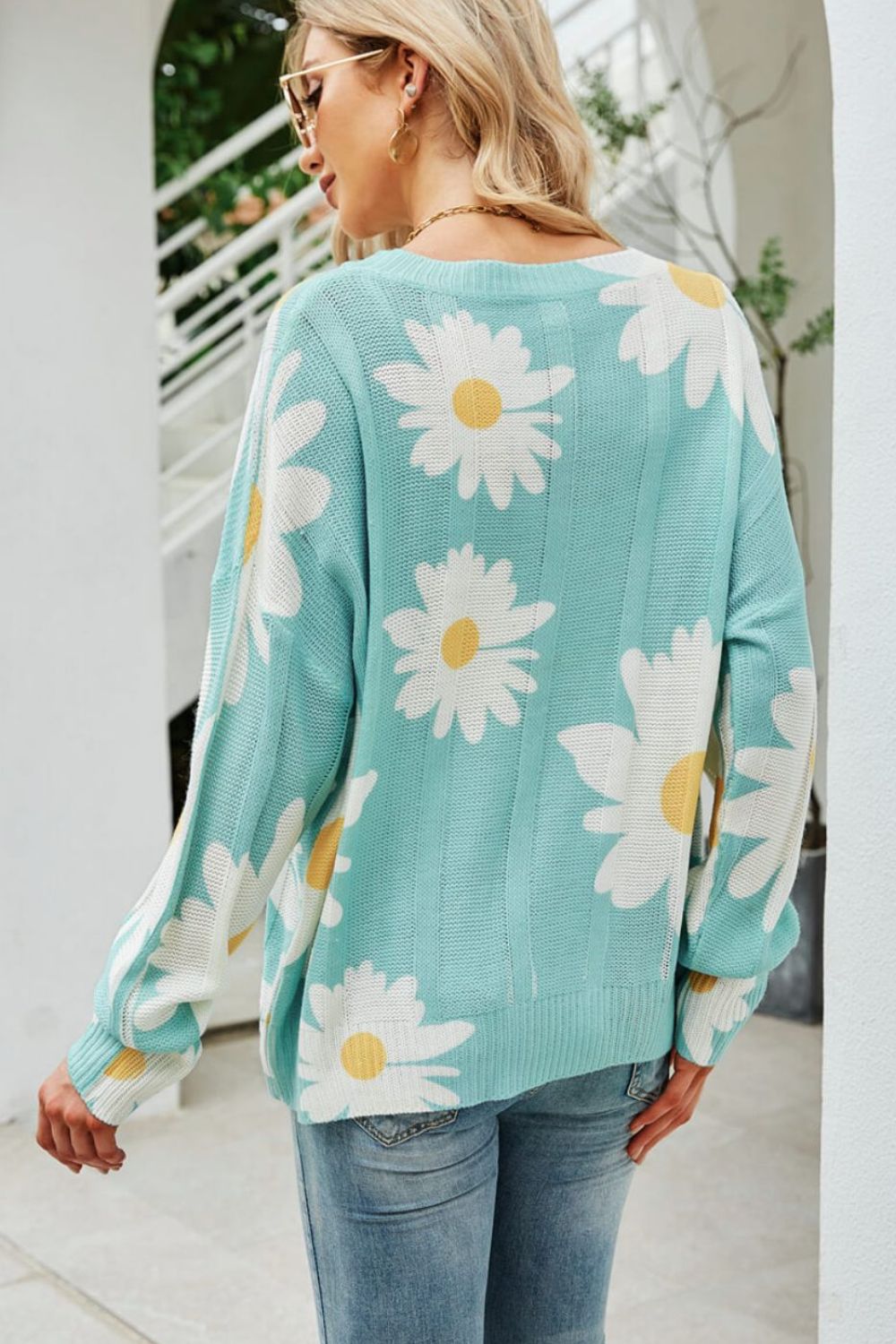 Daisy Knit Print Openwork Detail Lightweight Sweater