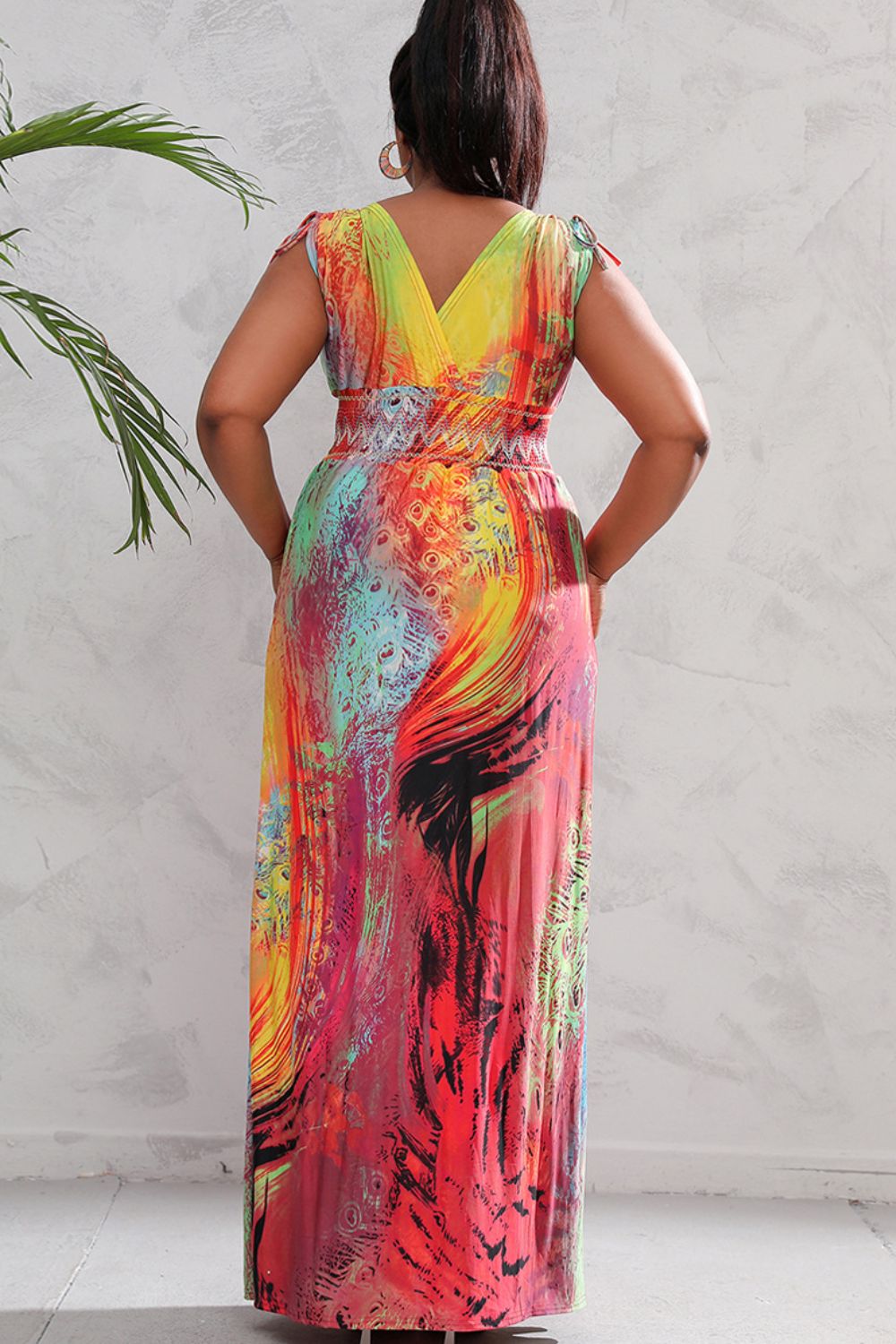 Tie-dye Peacock Sleeveless Smocked Waist Maxi Dress Large-5X Curvy Size Only