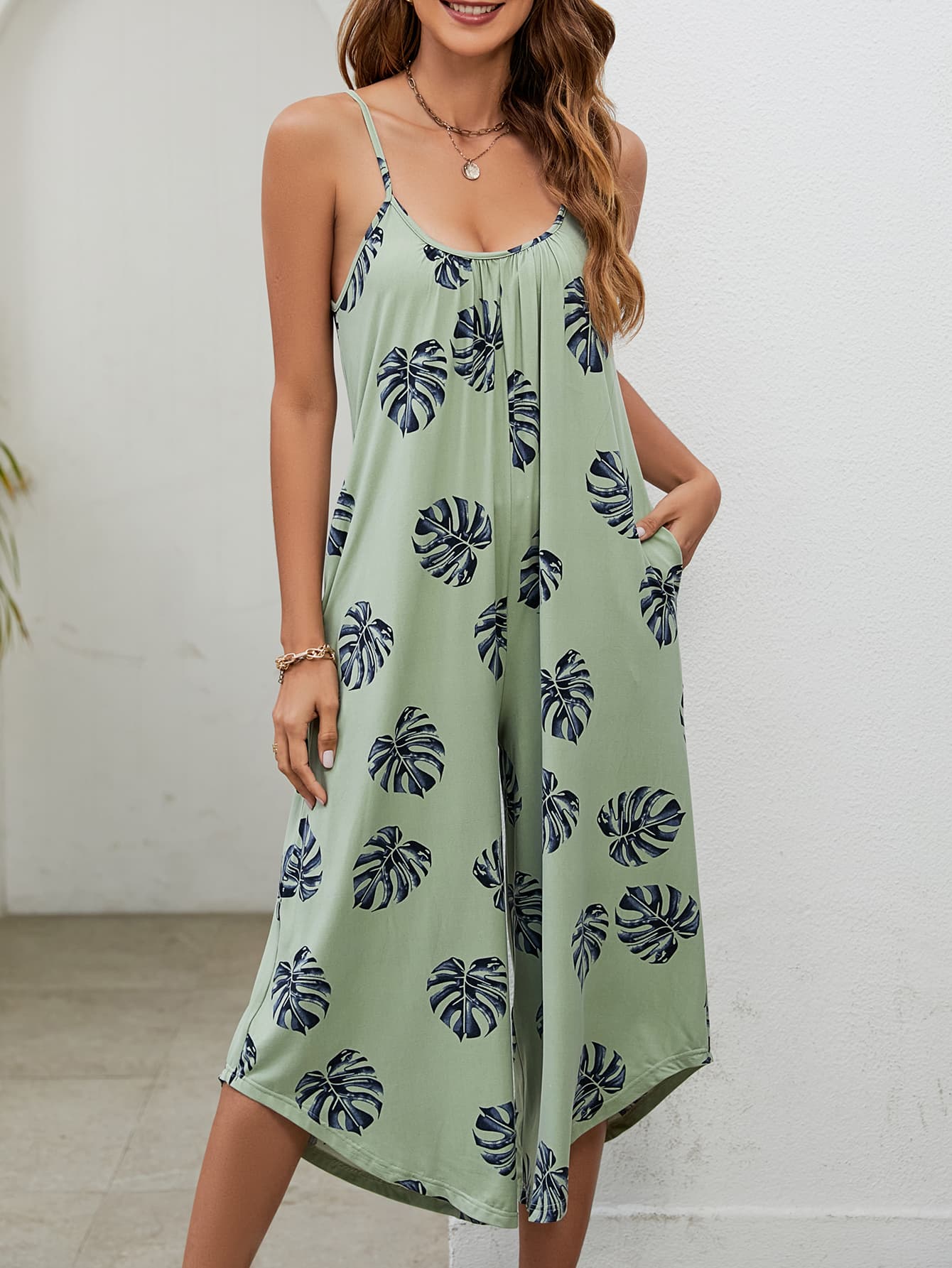 Botanical Palm Sleeveless Bohemian Capri Wide Leg Oversized Pant Pocket Jumpsuit