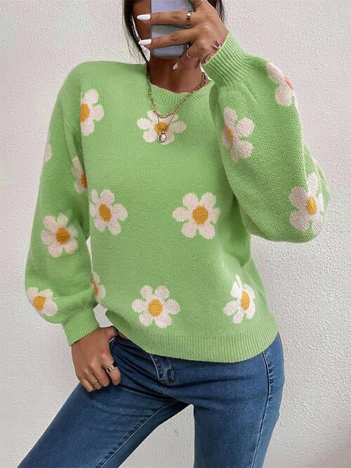 Daisy Retro Flower Knit Pullover Classic Long Lantern Sleeve Sweater Shirt
