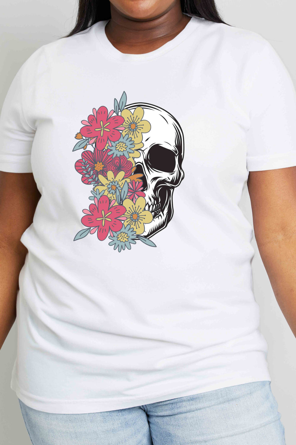 Colorful Floral Skull Graphic 100% Cotton Short Sleeve Tee Shirt (Plus Size Available)